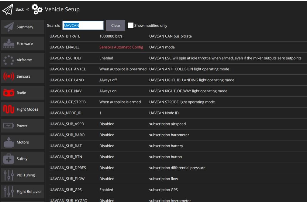 显示 DroneCan (UAVCAN) 参数的 QGC 全参数屏幕