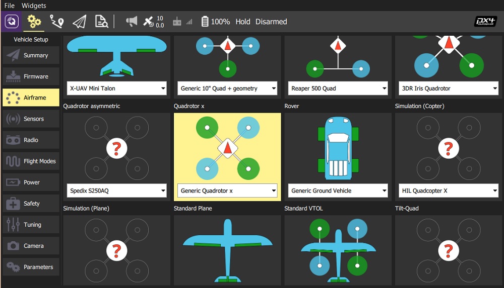 QGroundControl - 选择通用 Quadrotor X 机身