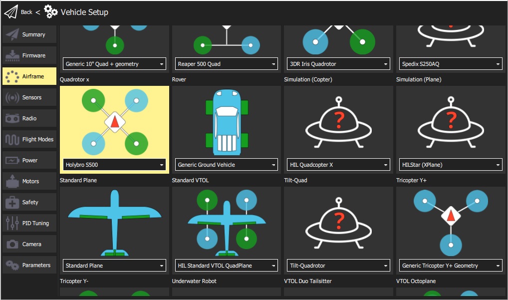 QGroundControl - 选择 HolyBro S500 机身