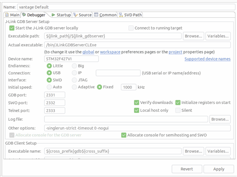 Eclipse：GDB Segger 调试配置：调试器选项卡