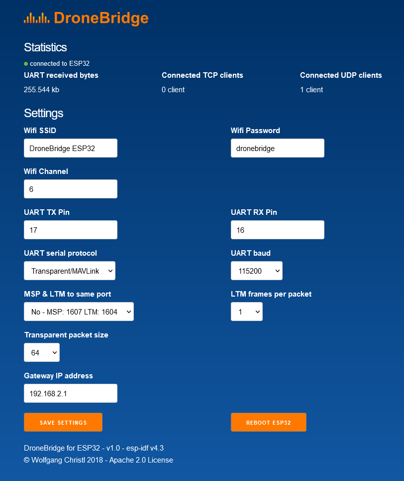 用于 ESP32 网络接口的 DroneBridge