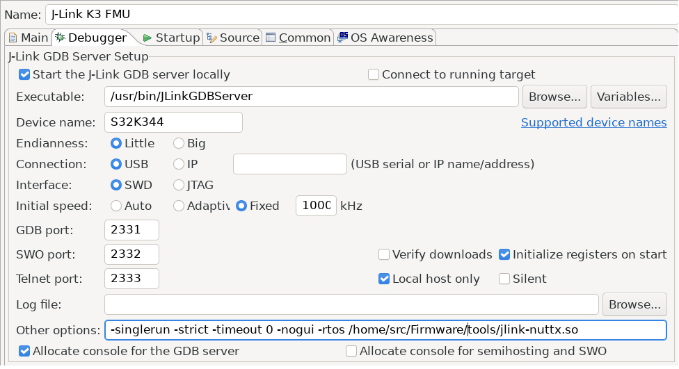 Eclipse：GDB Segger 调试配置 RTOS 感知：调试器选项卡