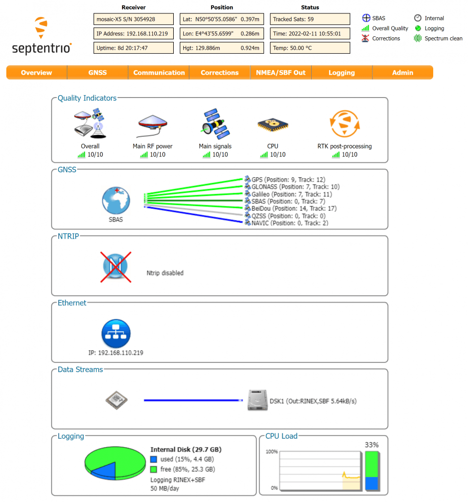 Septentrio mosaic-H GNSS 接收机模块 Web 用户界面 (WebUI) 的示意图